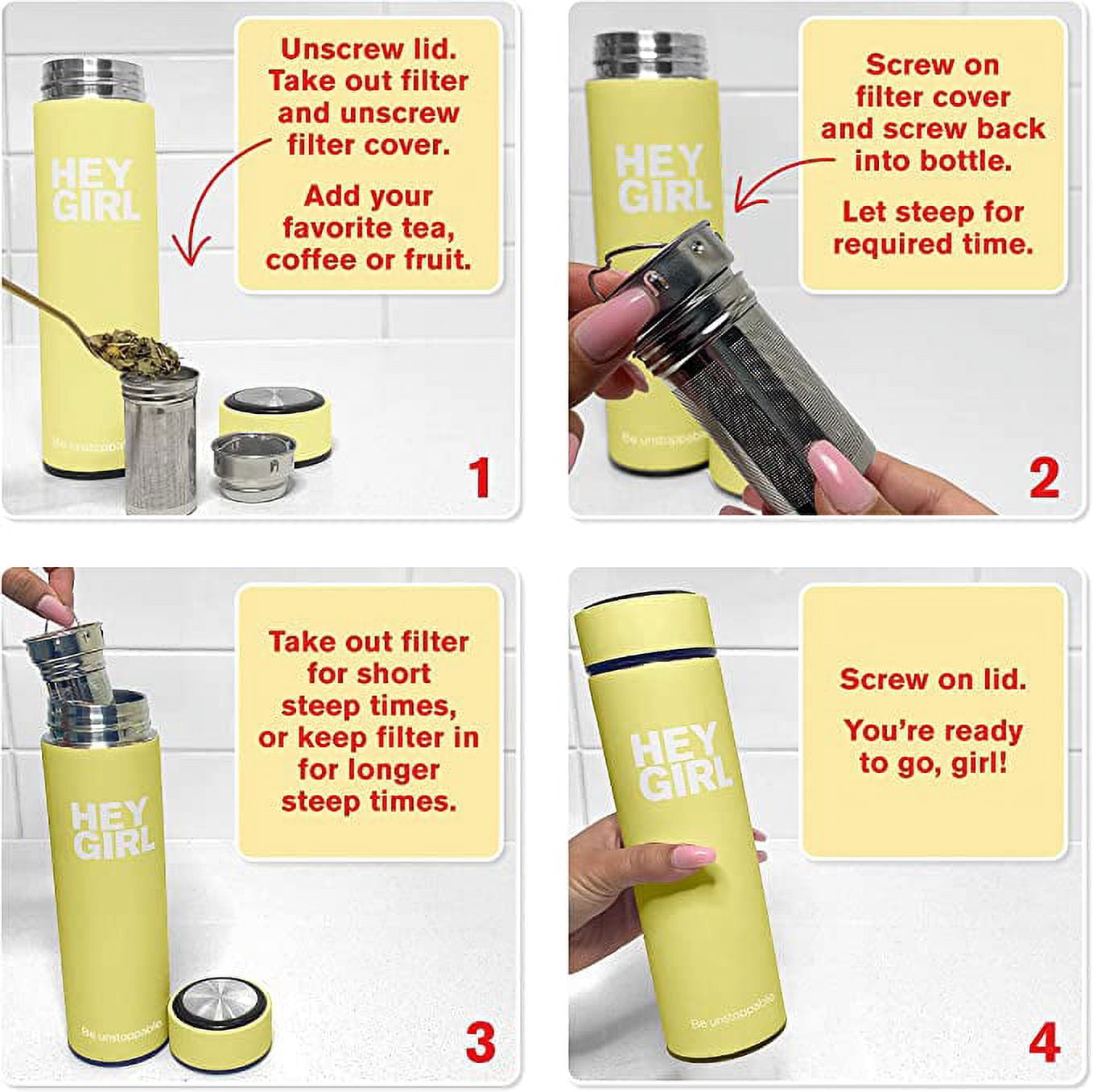 Hey Girl Tea Infuser Bottle 450ml (15oz) - Reusable Yellow Water Bottle - Double-Walled, Vacuum Insulated Stainless Steel Tumbler - Metal Mug for Sports, Gym, Office, Hiking  or Home Use