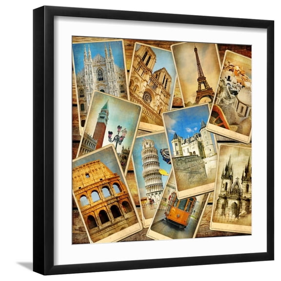 Art.com Vintage Collage - European Travel Art Print by Maugli-l, Black Frame Wall Art, 21" x 21"