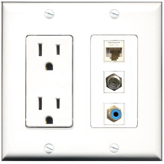 RiteAV - 15 Amp Power Outlet 1 Port RCA Blue 1 Port Coax 1 Port Cat6 Ethernet Ethernet White Decorative Wall Plate