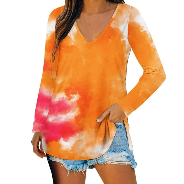 Camisas Para Mujer Camisetas de Gran Tamaño Camisas de Manga Larga Cuello en V Corte Suelto Top Tipo Túnica de Otoño Tops de Otoño Odeerbi ODB133849