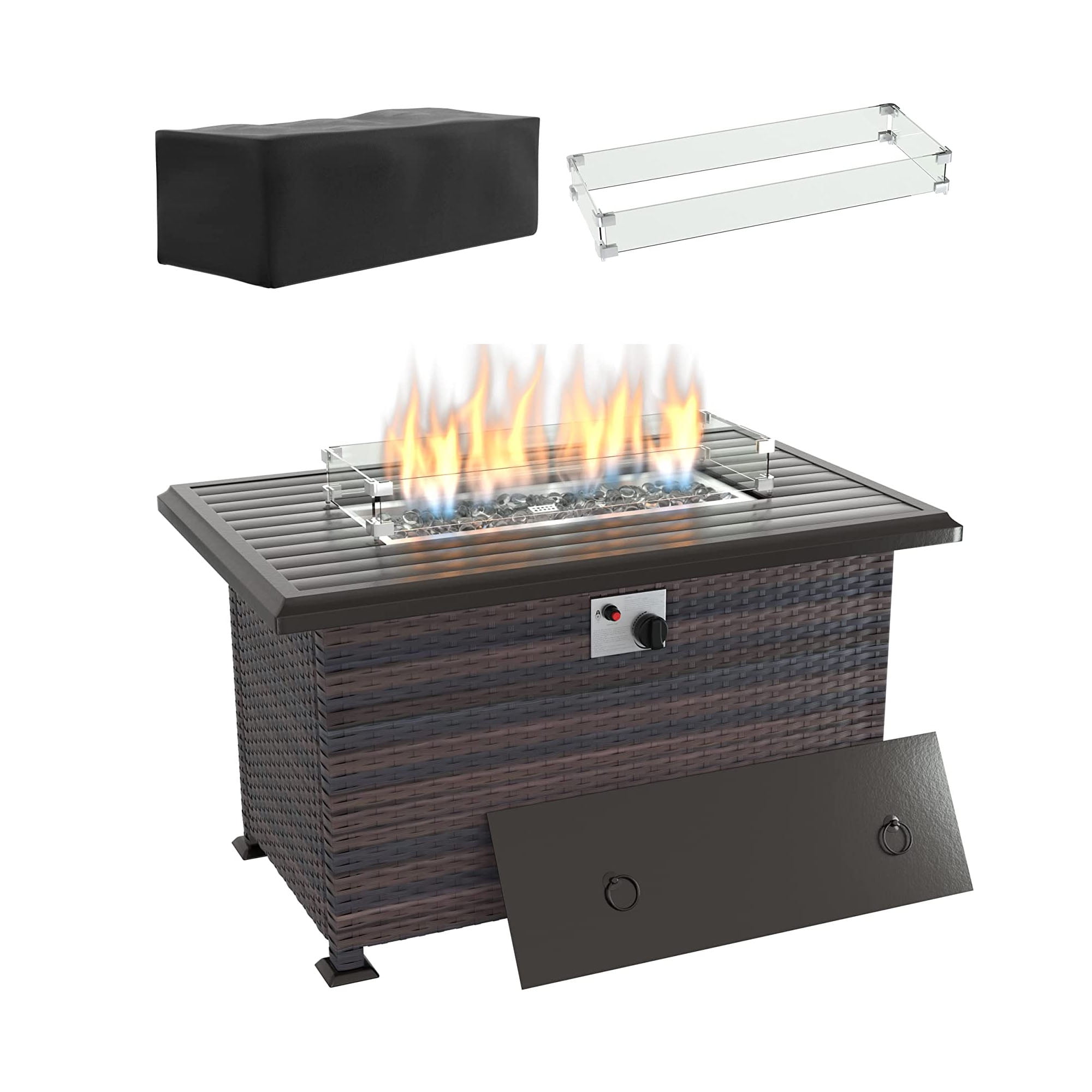 Kullavik 43 inch 55,000 BTU PE Rattan Propane Fire Pit Table Auto