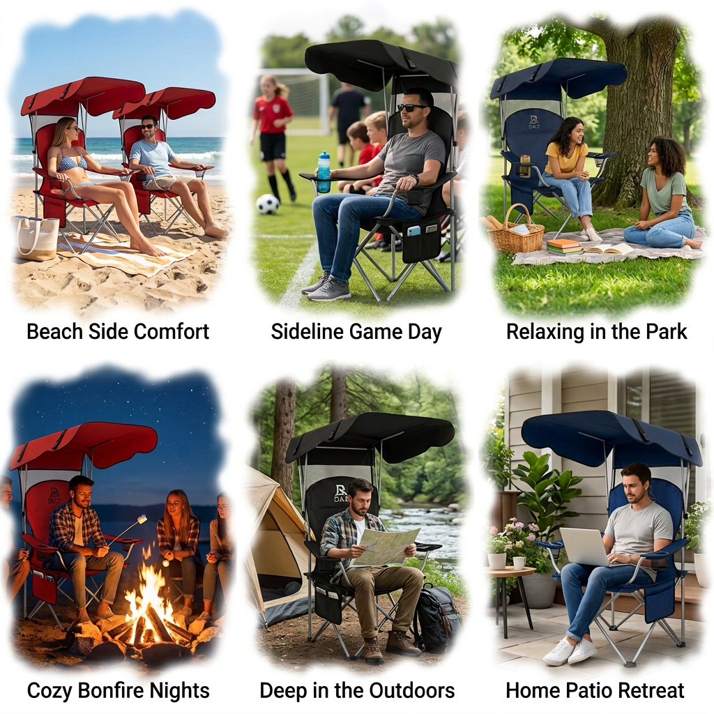 Portable Folding Outdoor Shade Camping Chair, Wide Seat with Breathable Mesh Backrest, Dual Side Cup Holders & Storage Pocket, Equipped with Carry Strap, Foldable Lightweight Lawn Chair for Beach