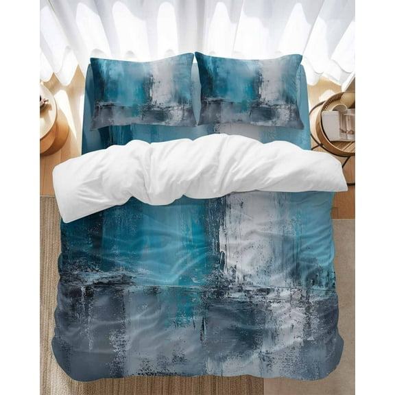 Turquoise Grey White Bedding Duvet Cover Set Full Size 4 Pieces Abstract Art Modern Oil Painting Bedding Set with Zipper Closure, 1 Comforter Cover 86x86 Inches 1 Flat Sheet & 2 Pillow Cases