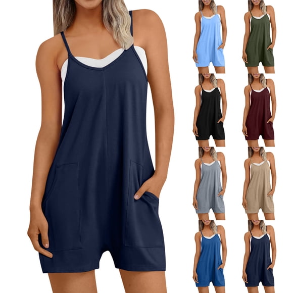 Wiyuqeen Jumpsuits for Women V Neck Adjustable Spaghetti Strap Romper Shorts Solid Casual Beach Vacation Jumpers with Pocket