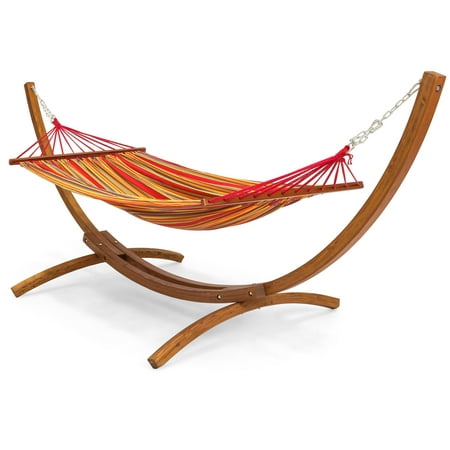 Best Choice Products Outdoor Curved Arc Wooden Hammock Stand with Cotton Hammock for Garden, Patio, Porch, and Lawn,