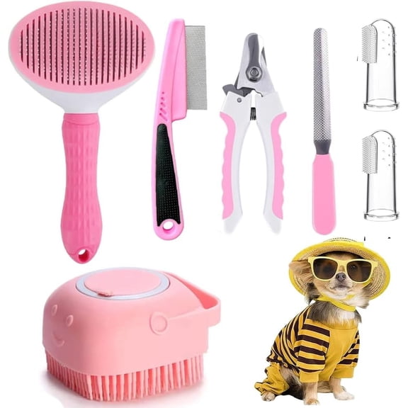 7pcs Pet Grooming Kit – Puppy Brush for Small Dogs and Cats, Self-Cleaning Dog Brush Set with Nail Clipper, Flea Comb, Bath Brush, Toothbrush, Storage Bag (Pink)