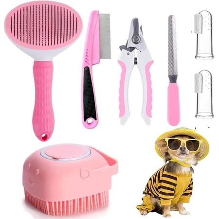 7pcs Pet Grooming Kit – Puppy Brush for Small Dogs and Cats Self-Cleaning Dog Brush Set with Nail Clipper Flea Comb Bath Brush Toothbrush Storage Bag (Pink)