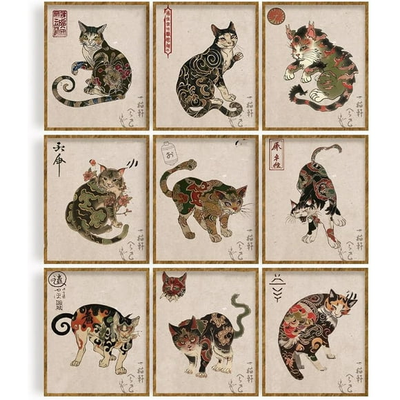 AIR-Set of 9 Samurai Cat Wall Art Prints Japanese Cat Posters Vintage Japanese Samurai Cat Wall Hanging Decor 8x10 Inch Unframed Retro Tattoo Cat Painting Funny Picture Canvas Wall Art,20x25cm