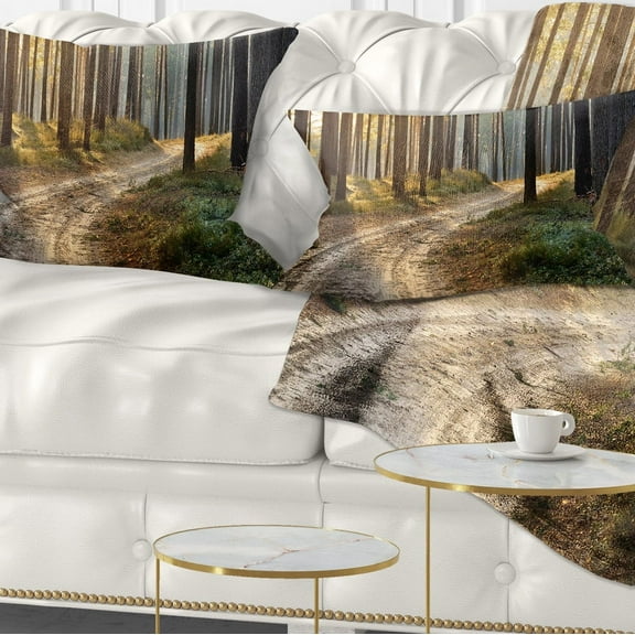 Designart Road in Thick Morning Forest - Landscape Photo Throw Pillow - 12x20
