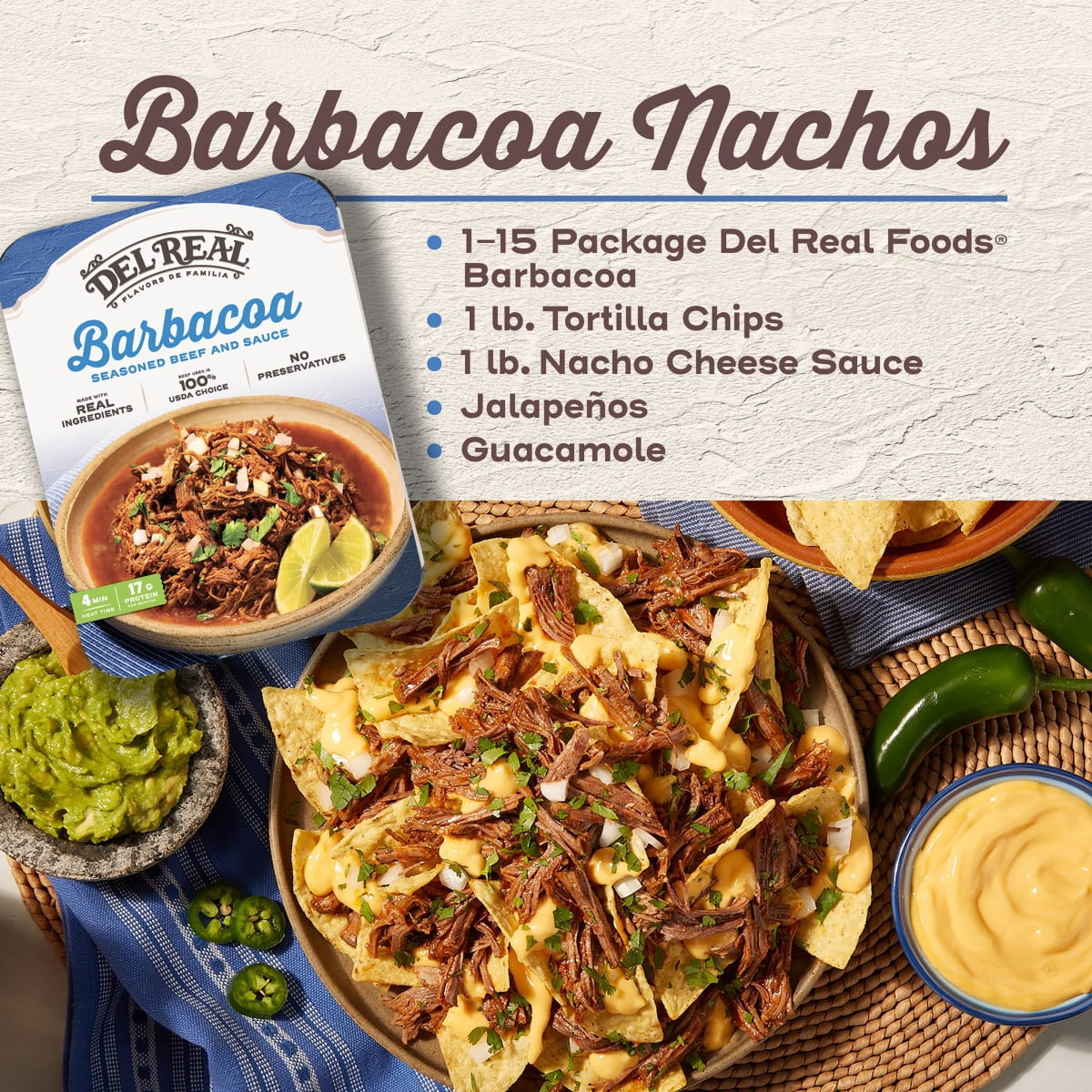 Del Real Foods Slow Cooked Beef Barbacoa, 15 oz (Cooked)