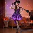 thumbnail image 6 of Witch Roleplay, Witch Cos, Witch Cosplay, Witch Costume, Witch Outfit, Women Halloween Witch Cosplay Costume High-Low Hem Ruffle Dress + Hat + Wristbands Dress Up Outfits, Purple L, 6 of 7