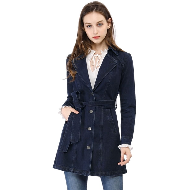 Chaqueta Vaquera Allegra K Larga con Cinturón y Solapa muesca Mujer Azul oscuro 3XL