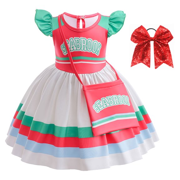 Baby Girl Cheerleader Costume Dress with Bag and Bowknot Hair Band Halloween Birthday Outfits, Size 12M-6T