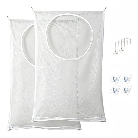 2 Pack White Hanging Mesh Laundry Bags, Wall Mount Dirty Clothes Hamper with 4 Adhesive Hooks & Over-the-Door Hooks, Breathable Laundry Organizer for Bathroom, Bedroom, Dorm & RV