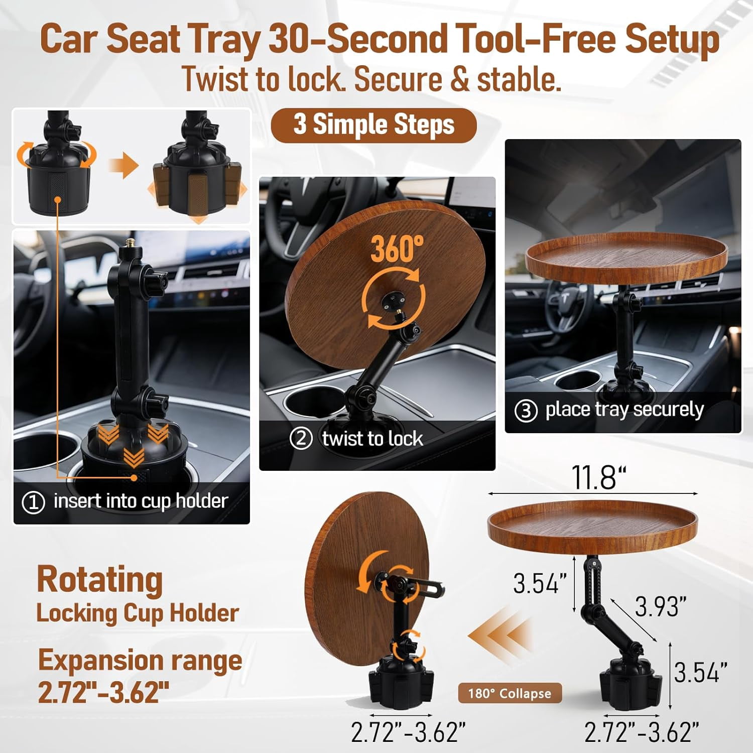Car Food Cup Holder Tray - 360° Rotating Car Table and Car Seat Tray, Detachable Wooden Car Desk for Laptop and Food Tray, Compatible with Tesla Model Y/3/S, Ford F150/Explorer (Brown, 11.8")