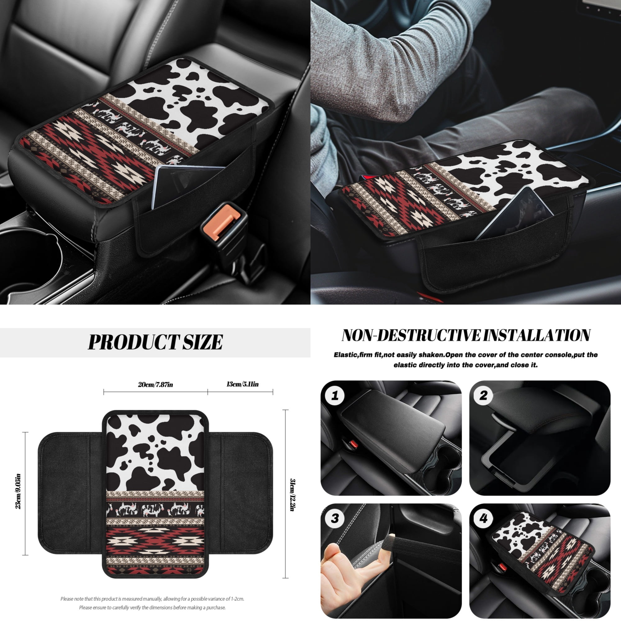 Yuyamidu Red Aztec Car Seat Covers Full Set with Steering Wheel Cover Safe Belt Pads Handbrake Cover Cup Mat Garbage Bin Rearview Mirror Cover Center Console Cover 14 PCS Cow Print Auto Accessories