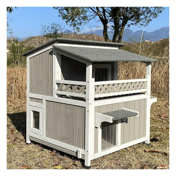 Feral Cat Shelter Outdoor - Wooden Cat House for 2 Cats, Weatherproof, Two Story with Balcony & Escape Doors