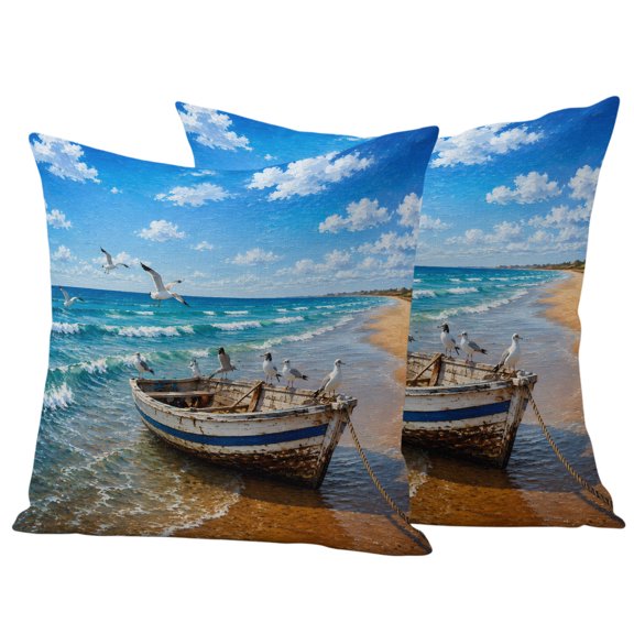 Coastal Nautical Outdoor Waterproof Pillow Covers, Summer Ocean Beach Seagulls Waves Decorative Square Throw Pillowcase Sofa Cushion Sham for Patio/Couch/Chair, 20"x20" 2 Pack