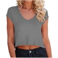 thumbnail image 2 of Women's V-Neck Crop Top, Short Sleeve Casual Solid Color T-Shirt Y2K Tops Travel Outfit Gray S, 2 of 6