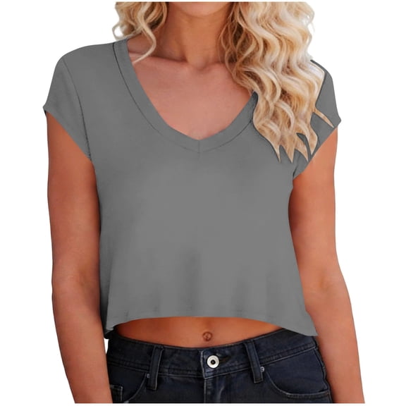 yillto Women Crop Shirts Short Sleeve V Neck Tees Summer Baisc Tshirts Solid Color Casual Tops Clothes