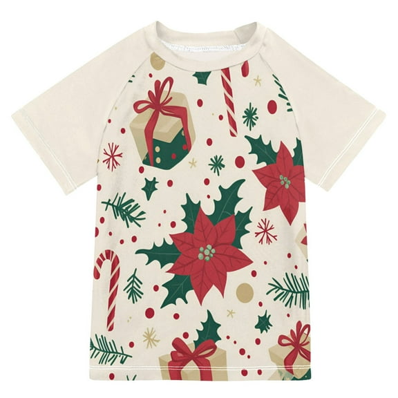 FORMRS Boys Rash Guard with Short Sleeves UPF 50  Swim Shirts Sizes 3-12T, Christmas Floral
