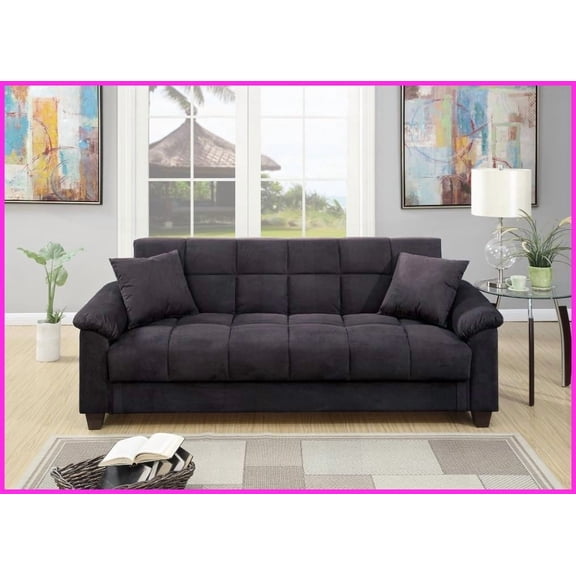 Contemporary Living Room Adjustable Futon Sofa - Ebony Plush Microfiber Couch with Storage & Pillows, 84”W