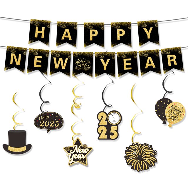 Letrero de Feliz Año Nuevo negro y dorado para decoraciones de Nochevieja, pancarta de fiesta de Nochevieja 2025 que cumple con sus expectativas