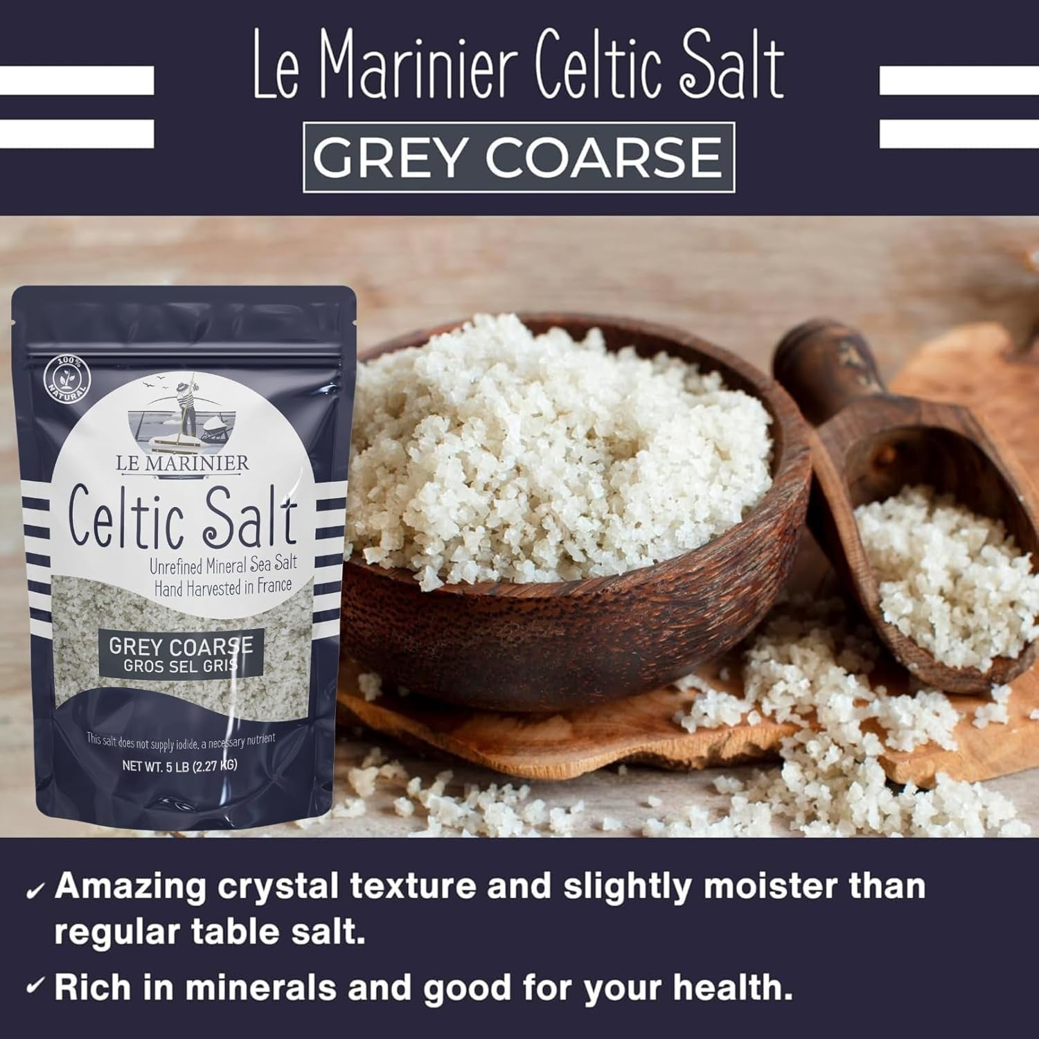 Le Marinier Celtic Salt Organic Grey Coarse, 5lb Mineral Rich 100% Natural and Unrefined French Sea Salt Organic. Hand Harvested Mineral Sea Salt, Sal Celtica Organica, Sel Gris (5lb Grey Coarse)