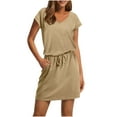 thumbnail image 1 of FRSASU Robes T-Shirt pour Femmes Tendance à Taille Nouée Robe Rayée avec Poches Décontractée Col Ras du Cou Manches Courtes Robe Midi Kaki, 1 of 6