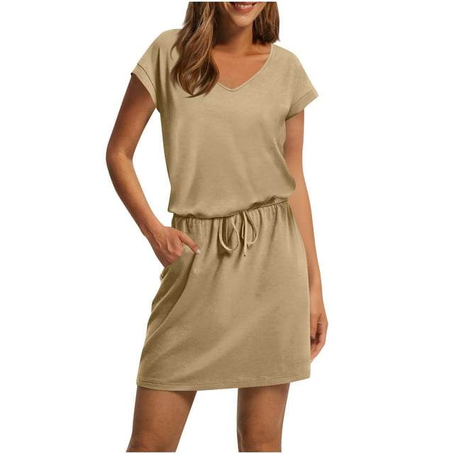 FRSASU Robes T-Shirt pour Femmes Tendance à Taille Nouée Robe Rayée avec Poches Décontractée Col Ras du Cou Manches Courtes Robe Midi Kaki