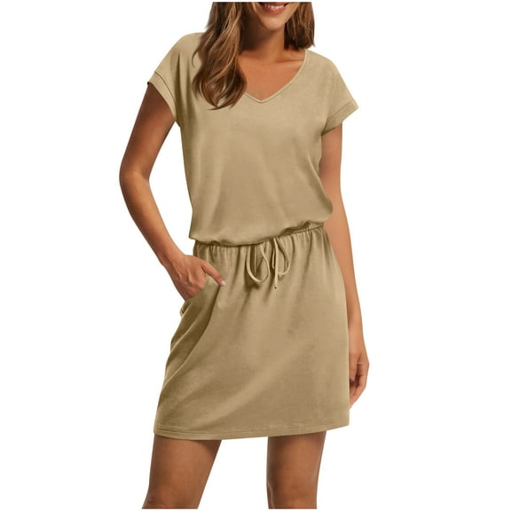 Ynynloco Women V Neck Short Sleeve Drawstring Waist Dress – Casual Loose Fit T-Shirt Dress with Pockets