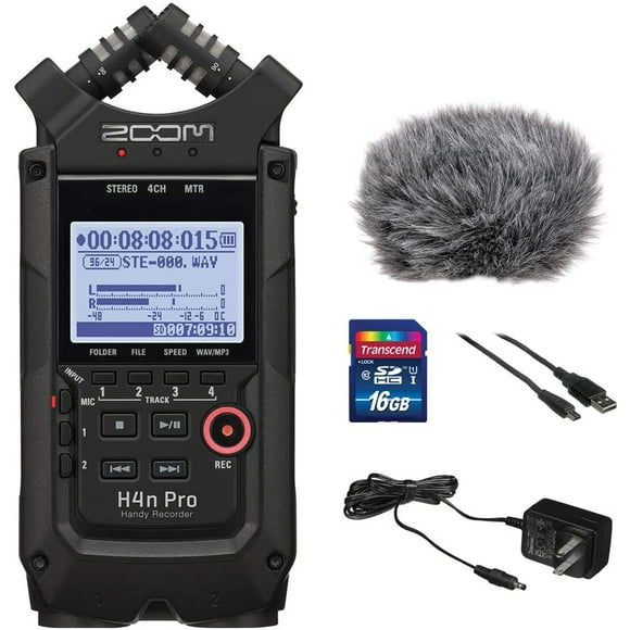 Zoom H4n Pro All Black 4-Track Portable Recorder (2020 Model) with Zoom AD-14 AC Adapter, Windbuster, 16GB Memory Card & USB Cable Bundle