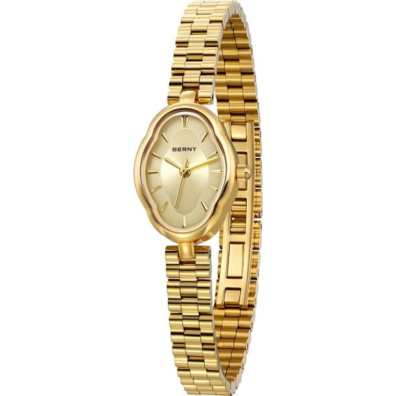 BERNY Small Gold Watches for Women, Dainty Luxury Irregular Oval Dial, Stainless Steel Bracelet Watch, Adjustment Tool Included, Waterproof, Minimalist Ladies Analog Quartz Wrist Watch (Gold)