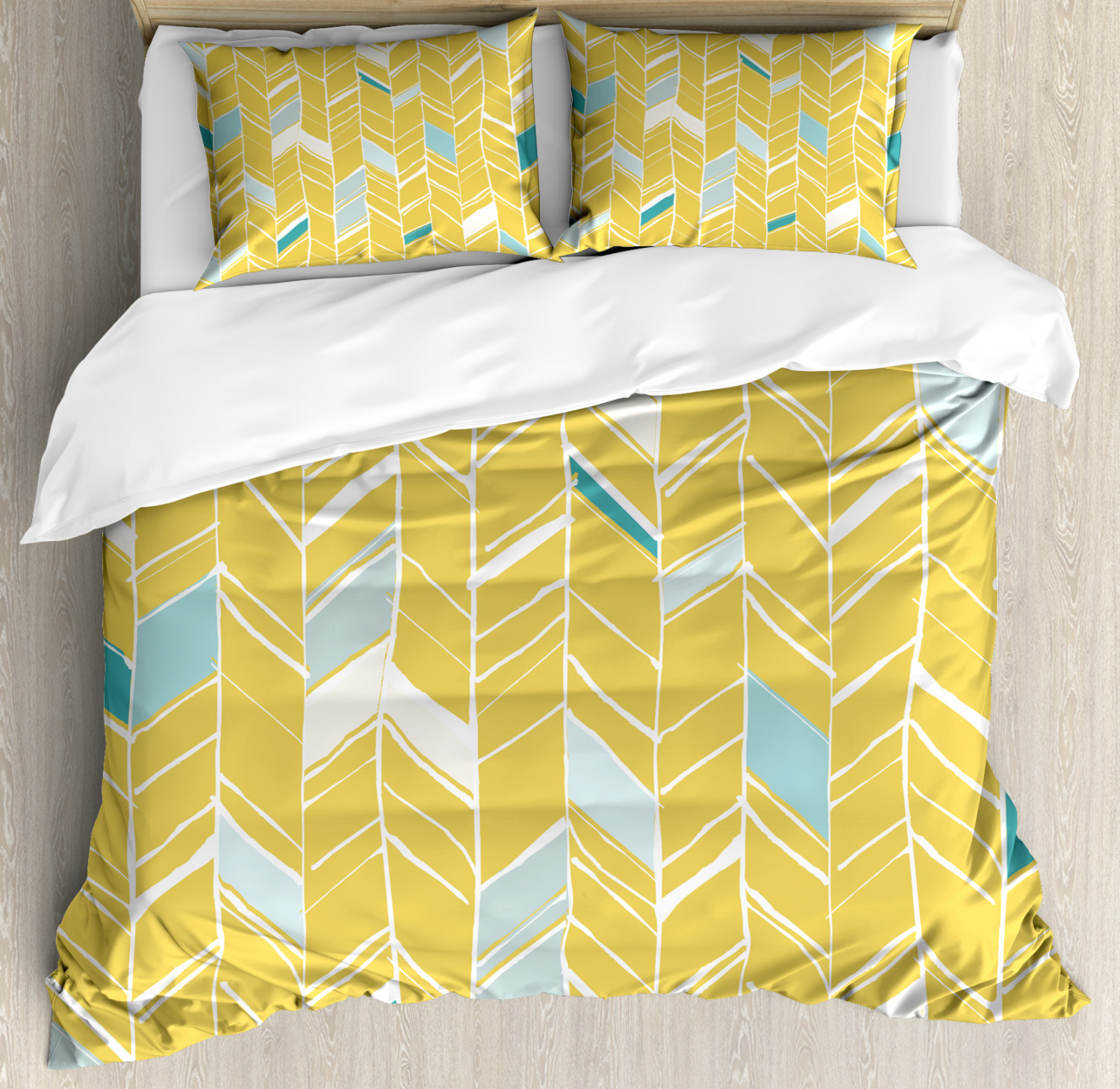 Yellow Chevron Duvet Cover Set Queen Size, Herringbone Pattern Zig Zag Lines in Hand Drawn