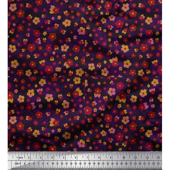 Soimoi Silk Fabric Check & Floral Clip Art Printed Craft Fabric by the Yard 42 Inch Wide