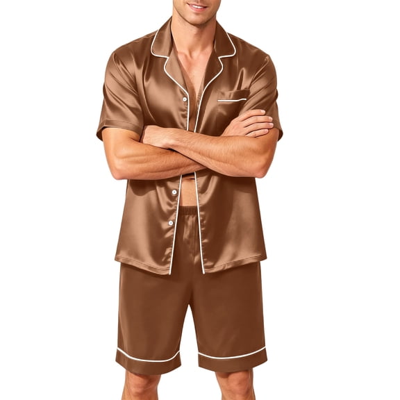 Leidass Mens Pajama Set Short Sleeve Button Down Sleepwear Set with Shorts Satin Lounge Set Notch Collar Pocket Camel L
