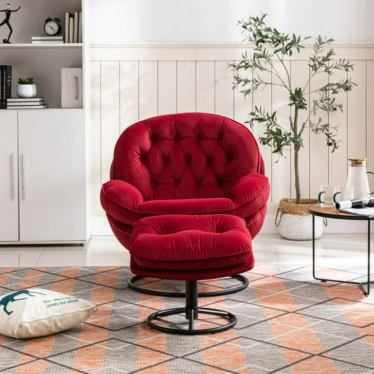Velvet Upholstered Accent Chair TV Chair Living Room Swivel Chair Chaise Lounges with Chair Ottoman Sets and Metal Frame Red