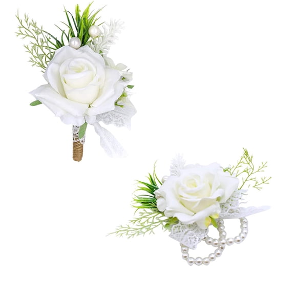 Youersen Ivory Rose Wrist Corsage & Boutonniere Set, Wedding Flower Wristlet for Bride & Groom, Prom Corsage Bracelet
