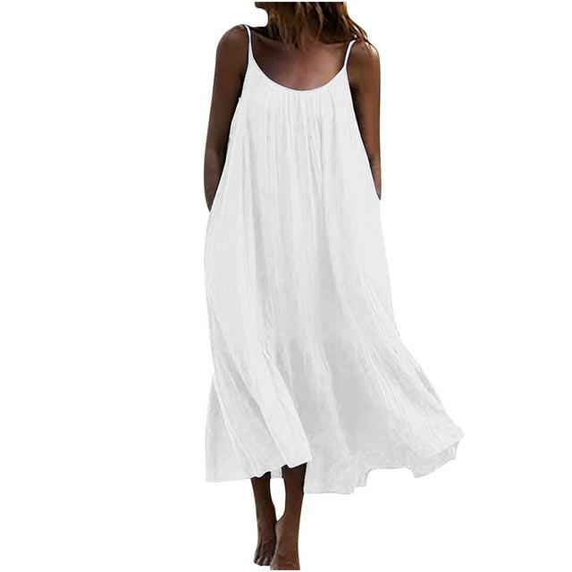 Robes Maxi pour Femmes Été Robe Maxi d'Été pour Femmes Décontractée Bohème Sans Manches à Bretelles Spaghetti Smockée à Volants Longue Plage Soleil Robes