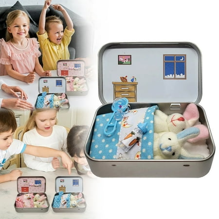 XYKA Small Pocket Bunnies Easter Basket Stuffers for Kids DIY Pet Adoption Kit Stuffed Animal Bunny with Mini Picnic Basket Carrots Tin Box Stickers Perfect Easter Gift for Children Imaginative Play