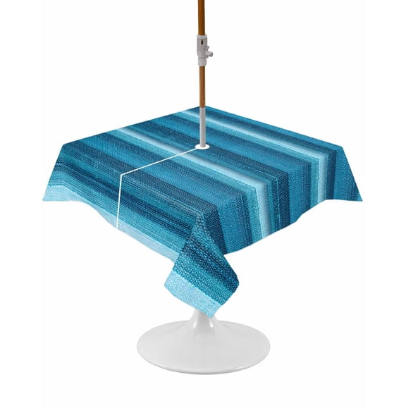 Turquoise Teal Ombre Square Outdoor Tablecloth, Waterproof Table Cloth Cover with Umbrella Hole and Zipper, Farmhouse Modern Abstract Striped Table Protector for Patio Party Picnic 54"x54"