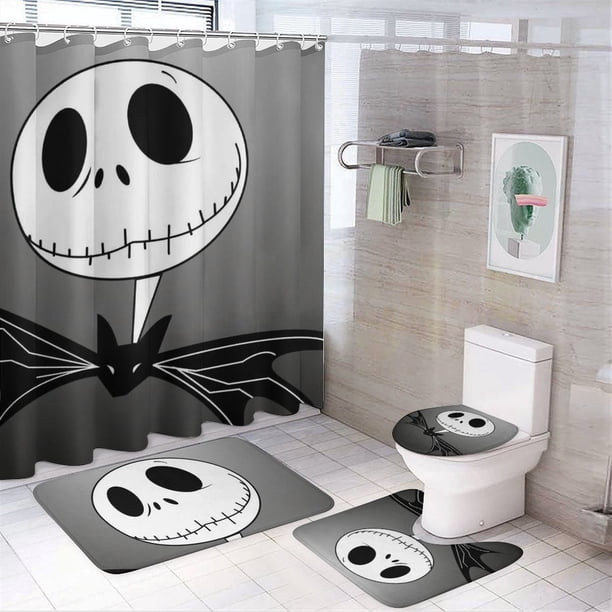 Juego de 4 cortinas de ducha de Jack Skellington con alfombrillas antideslizantes, tapa de inodoro y alfombrilla de baño, cortina de ducha impermeable con decoración de dibujos animados para baño con