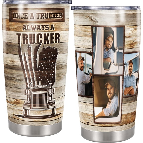 Personalized Truck Tumbler Once A Trucker Always A Trucker Insulated Cup Travel Coffee Mug with Lid Stainless Steel 20oz Gift for Men him Dad Teamster Driver Fathers Day