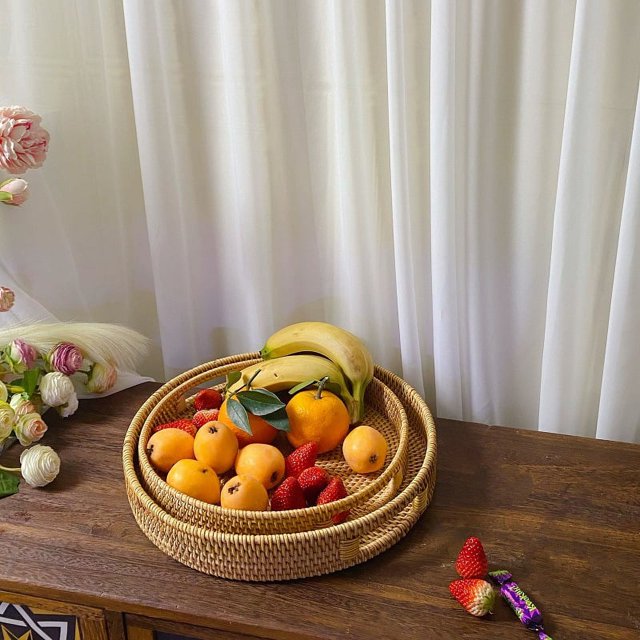 Cesta de frutas de paja tejida de ratán, bandeja de frutas, bandeja de té, caja de almacenamiento con asa redonda para picnic