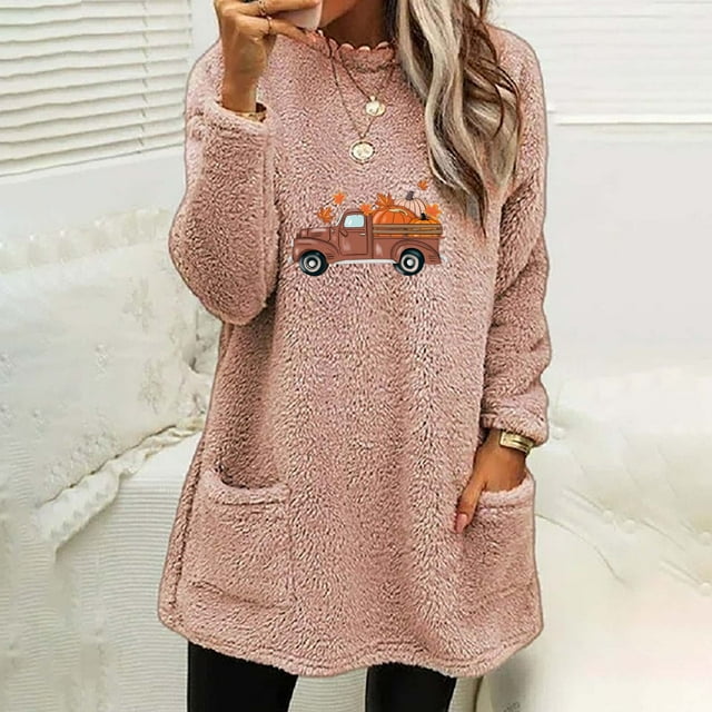 Hauts pour Femmes, Blouse à Manches Longues, Col Rond et Imprimé d'Hiver, avec Poche, Chaude, en Liquidation
