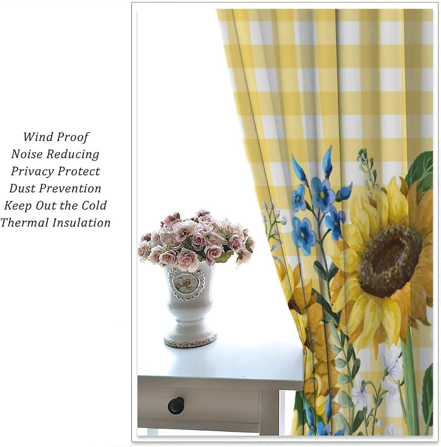 Sunflower Blackout Curtains Spring Beautiful Floral Bright Yellow White Buffalo Check Plaid Colorful Rustic Art Print for Living Room Bedroom Kitchen Decor Rod Pocket Window Drapes 2 Panels 42x54in
