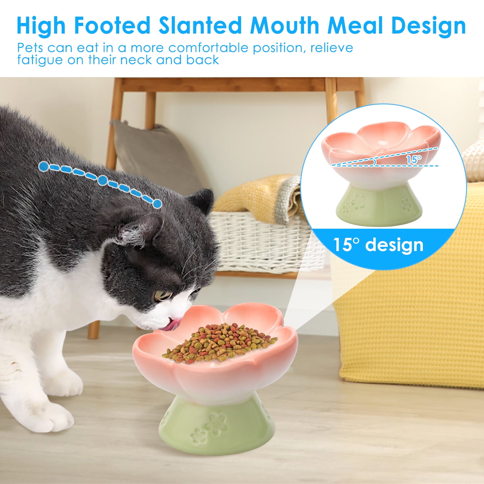 CERAMICS Raised Slow Feeder Cat Bowl, Ceramic Elevated and Titled Glass Food Bowl Small Dogs Slow Feeder, Flower Shaped Cute Cat Dish for Dry and Wet Food (Pink, 5.5")
