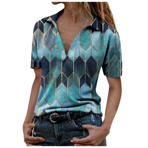 Gibobby Camisetas de verano para mujer Camiseta suelta informal con cuello en V para mujer, blusa manga corta con estampado(Azul,M)