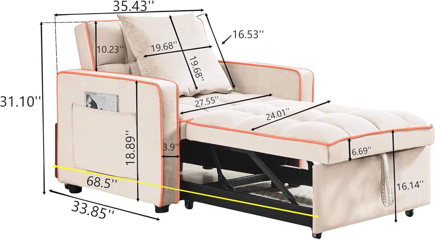 EPOWP Sleeper Chair, Pull Out Chair Sleeper with Adjustable Back & Pocket, Convertible Chairs Bed Sleepers for Adults, 3 in 1 Sofa Bed Chairs for Small Spaces, Living Room, White