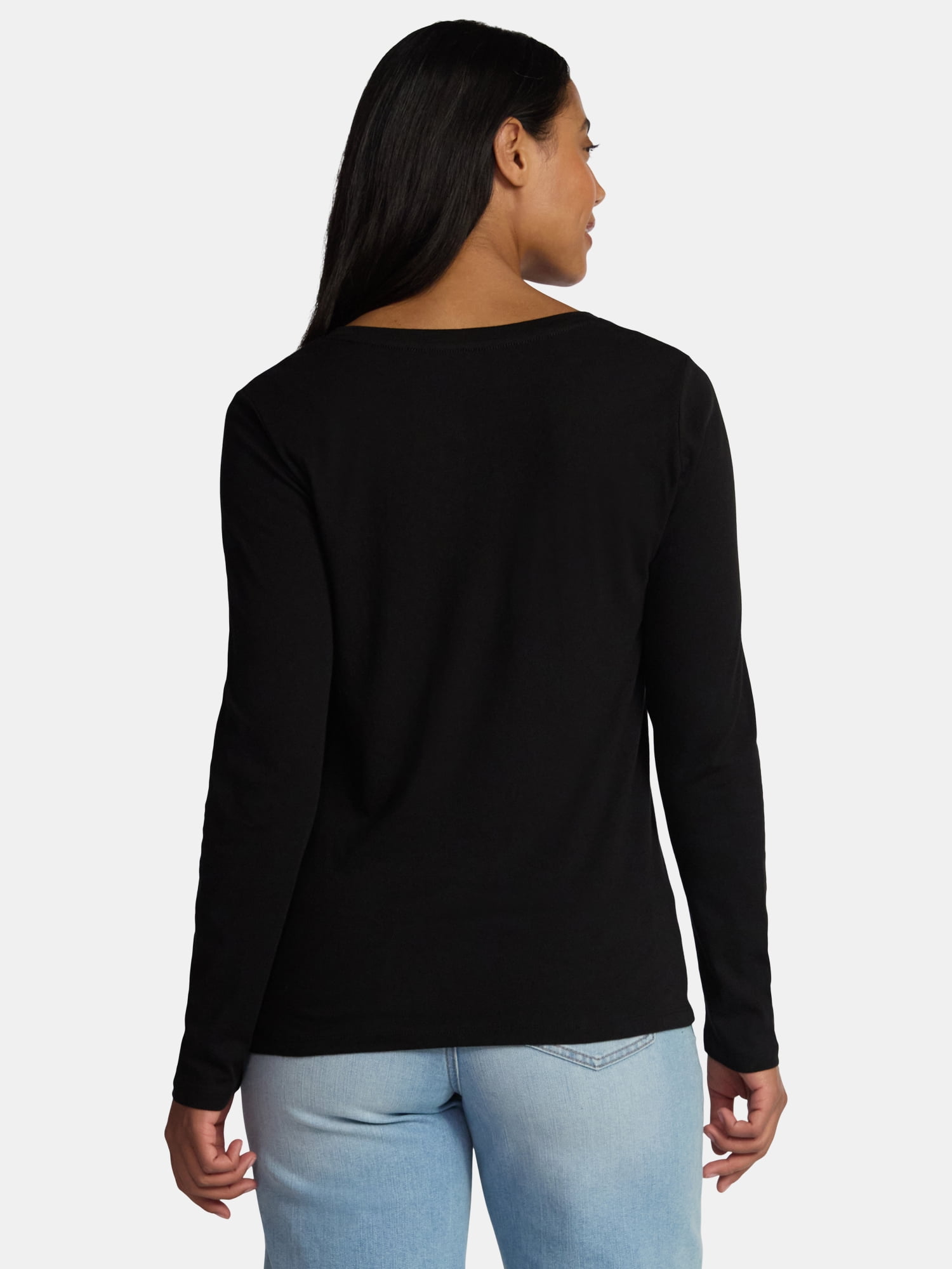 Time and Tru Women's Cotton V-Neck Tee with Long Sleeves, 2-Pack, Sizes XS-XXXL